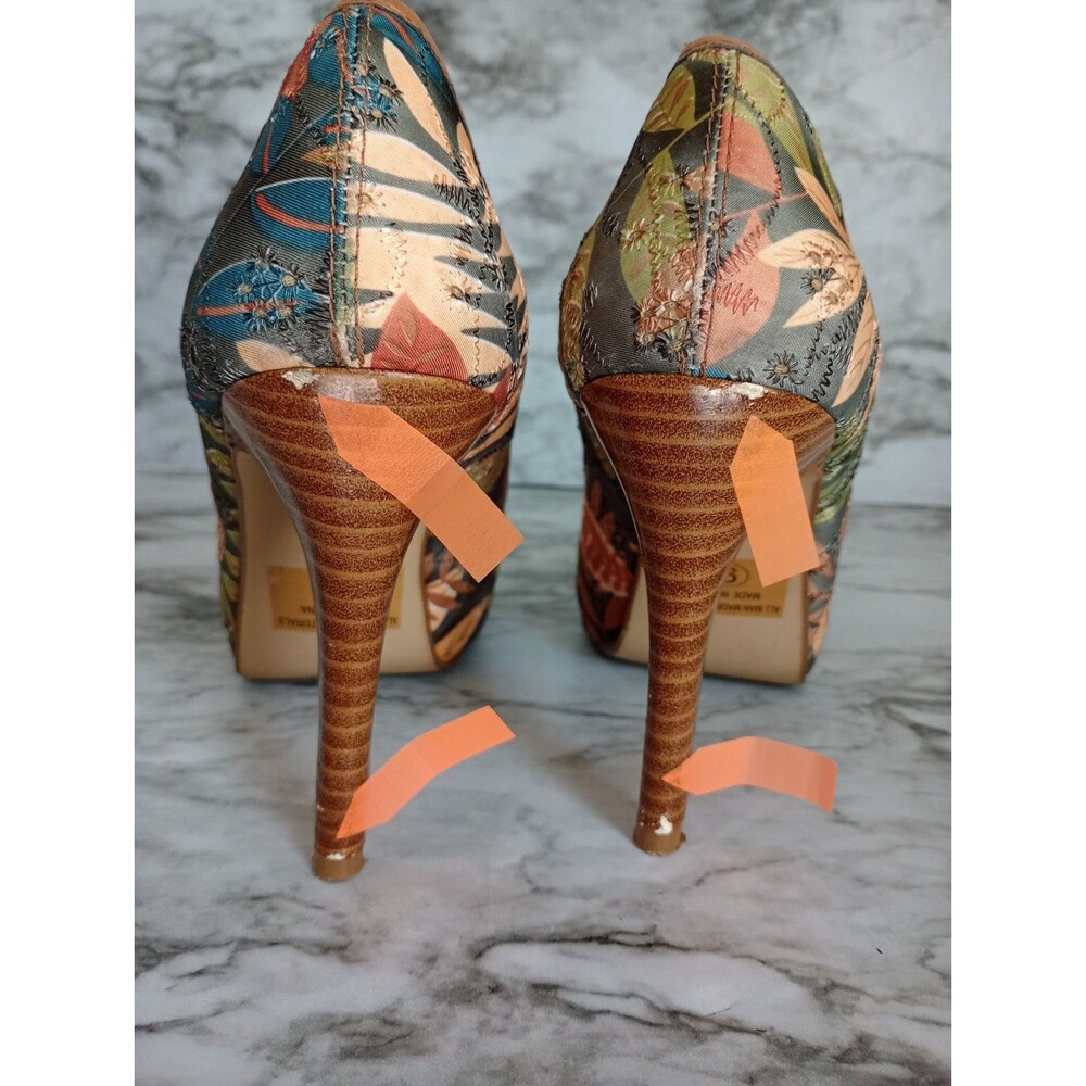 Delicious Fabric Woodsy Foliage Themed Peek Toe High Heel Shoes Size 9 - Picture 8 of 9